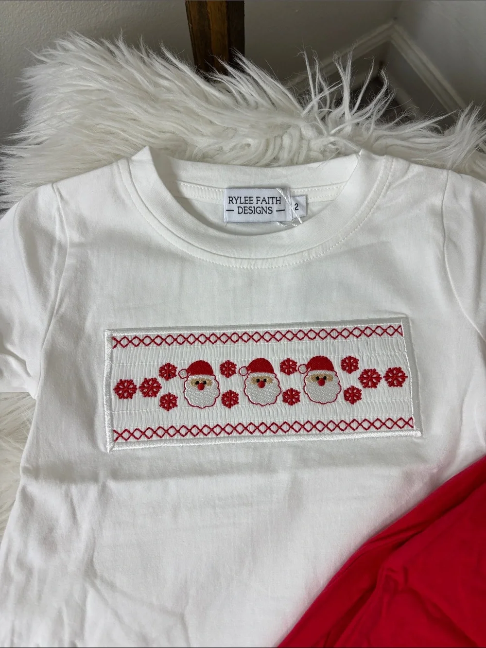 Kids White & Red Santa Smocked Outfit Set Size 2
